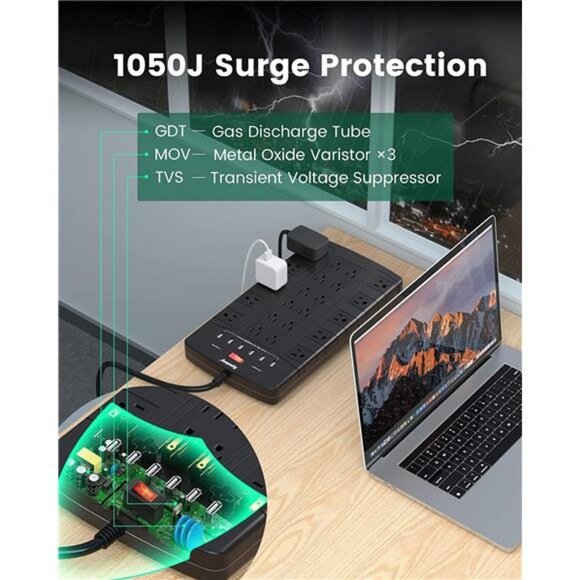 Surge Protector Power Strip, Extension Cord with 22 Outlets, 6.5Ft Flat Plug - Picture 5 of 6